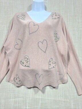 LIV Milano Sweater Womens L pink Rayon Blend V Neck Heart Beaded Knit Pullover